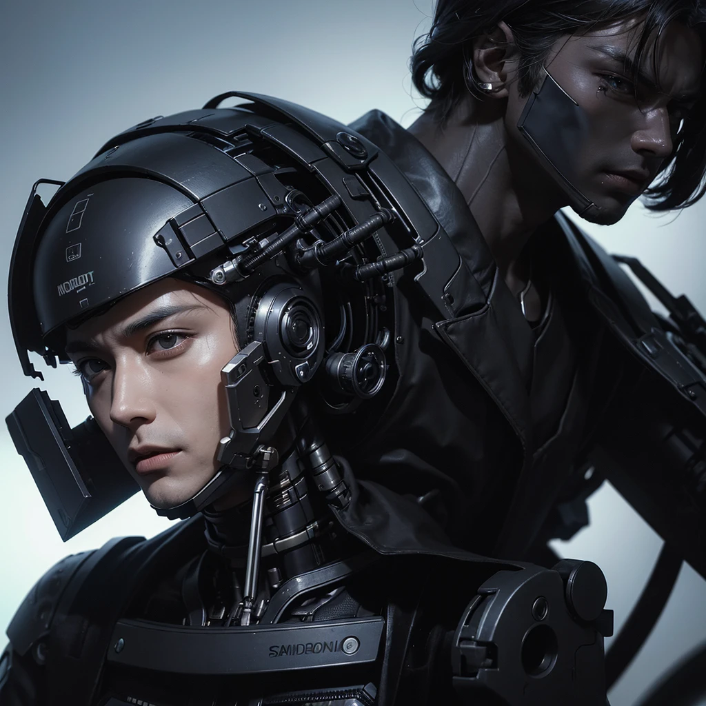 Asian male face mechanical male resolute face handsome male high quality male guide line, bright palette, Highly professional, Dramatic Lighting, Extremely beautiful:1.4), (complex details, masterpiece, best quality:1.4), Biomechanical Cyberpunk, Cybernetics, Human-machine integration, Dystopia, The encounter between organic and artificial, bright, complex, Looking at the audience, Nicomoli (Nicola Samori) Stylish dynamic pose male male robot side view 45° angle cyberpunk style driver costume driver white background bright lights ，Front, facing the camera，light is from upper right