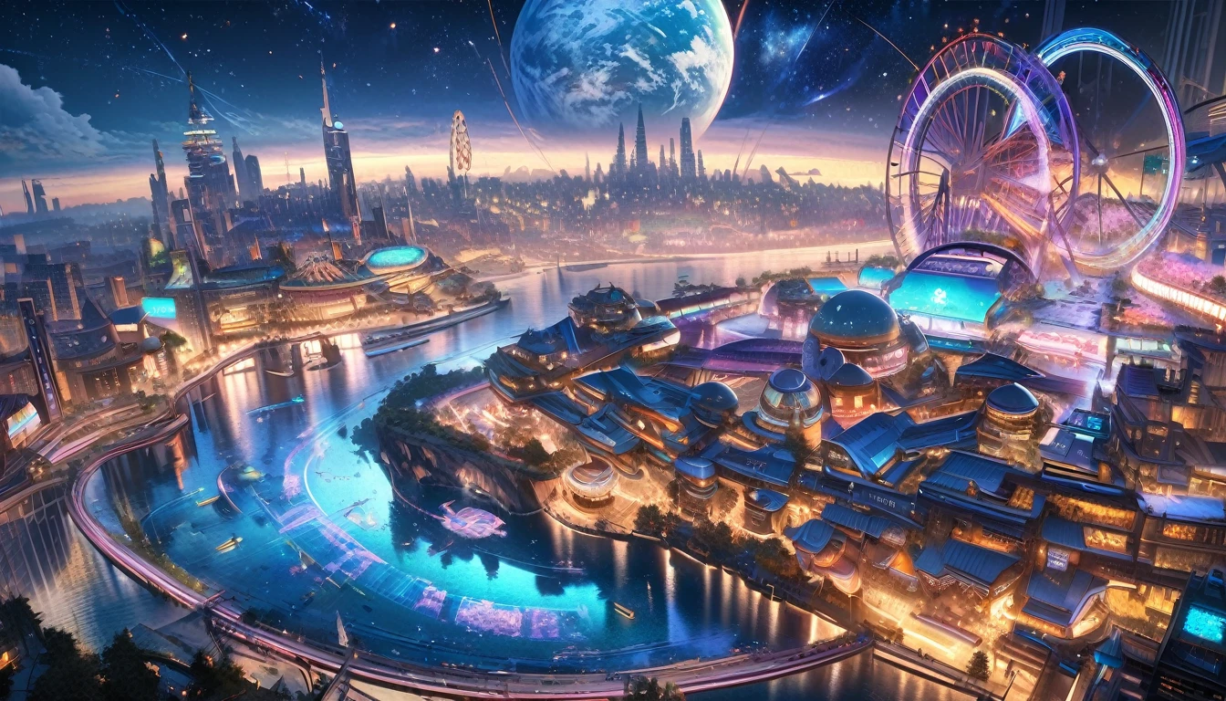 futuristic city、Theme parks of the future，Amusement Park of the Future，Casino，Floating in the universe、Cyberpunk、Rows of skyscrapers、space station、roller coaster，Ferris wheel，Attractions，Top quality、masterpiece、Dream、utopian、Planet Earth、Dream想世界、fantasy、art itself、beautiful city、Space City、A world far beyond what humans have created, masterpiece,Dream,Planet Earth,Dream想世界,fantasy,beautiful city,Space City,8k