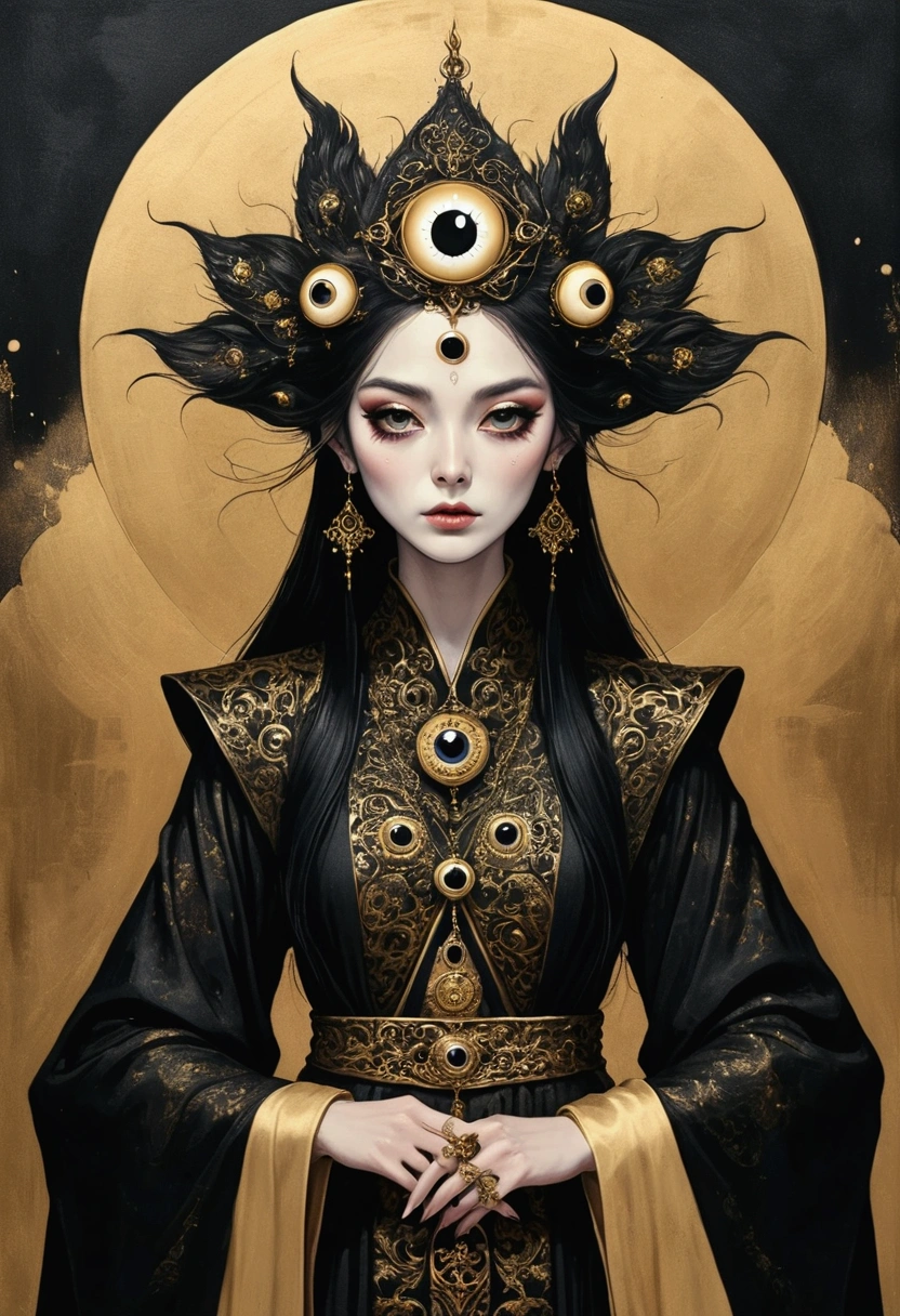 Medieval ink painting，Third Eye Vision。3d，Dark eyeshadow，robe，whole body，Wide Angle，black and gold,Metal