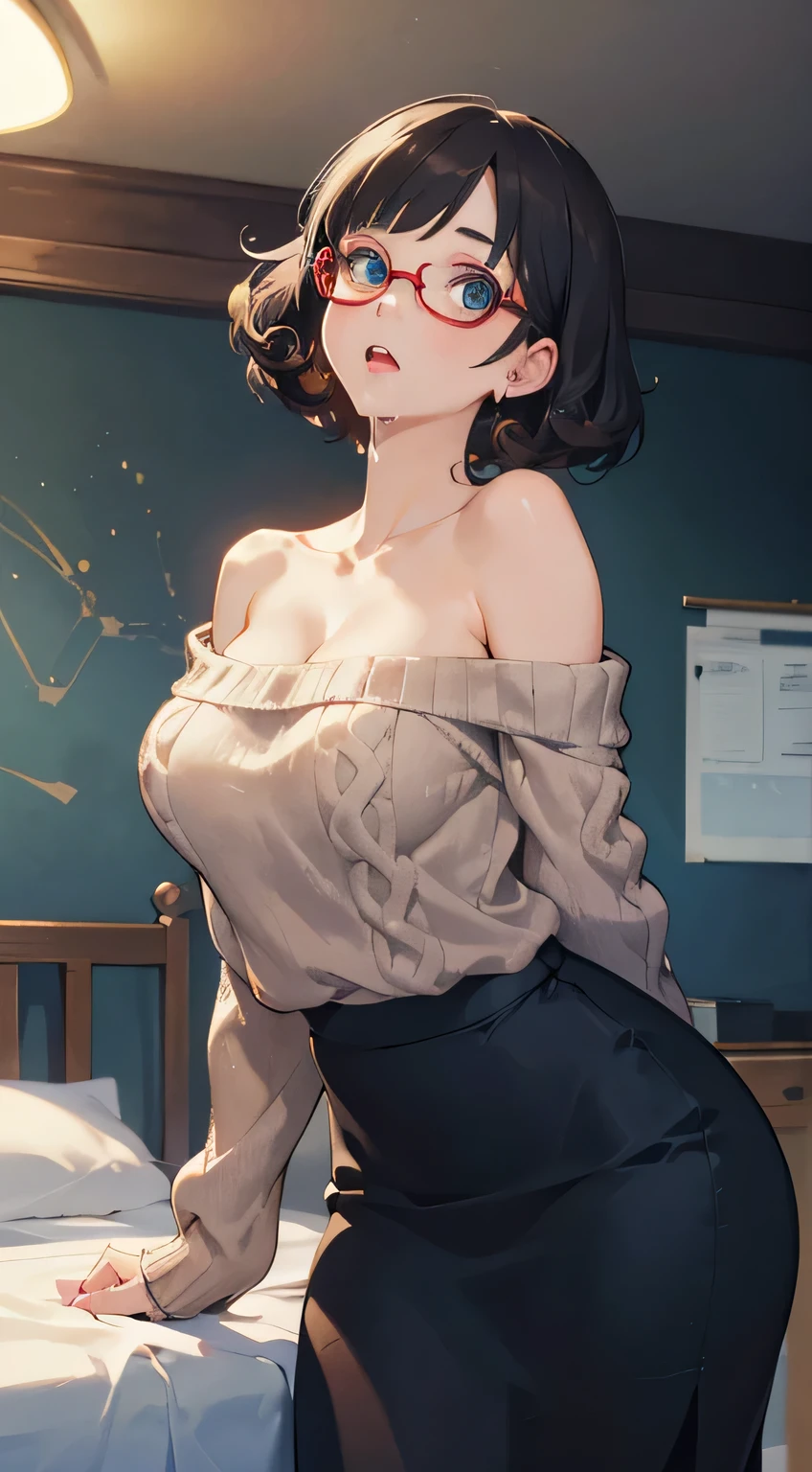 (masterpiece,  best quality:1.4),  (beautiful,  aesthetic,  perfect,  delicate,  intricate:1.2),  (bedroom background,  high contrast),  back veiw of beautiful asian woman writing on blackboard,  peering over shoulder,  ((wearing off the white shoulder thick_baggy_woolen_jumper,  glasses, half wear pencil_skirt)),  slim waist,  ((big_breast:1.2)),  perfect face,  eyeliner,  viewed from below looking up, moan ((eye_contact)) (beautiful blue eyes) (red glasses) (black bobcut curly hair) ((sex)), ((cum in pussy)) 