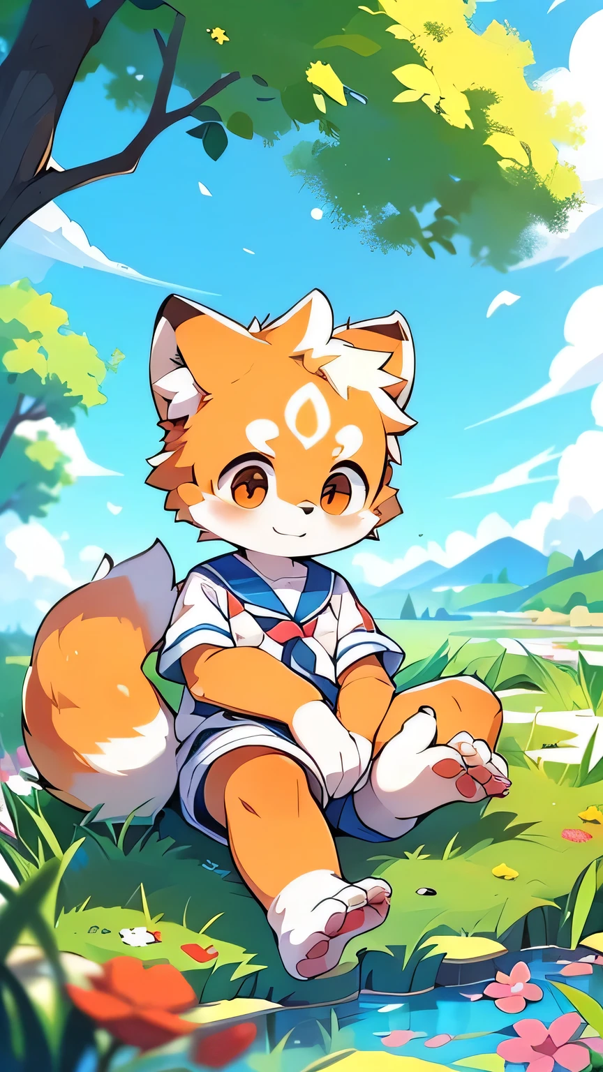 Red Panda Girl,Characteristics of the Sailor Suit,super high quality,Very detailed,High resolution,Cute art style in anime,Rice field scenery,(Cheerful ager,13 y),alone,single,Cute face female