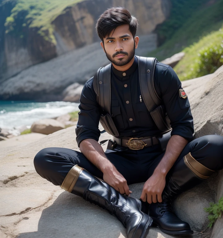 30 years old,One Man,Sri Lankan militants,Cliff in the mountains、Sleeping sitting with legs wide open,logic,Gay ,Short Hair、Stubble,Handsome、Fighting spirit、The crotch area is bulging。Shocker Belt、Black boots、Black gloves