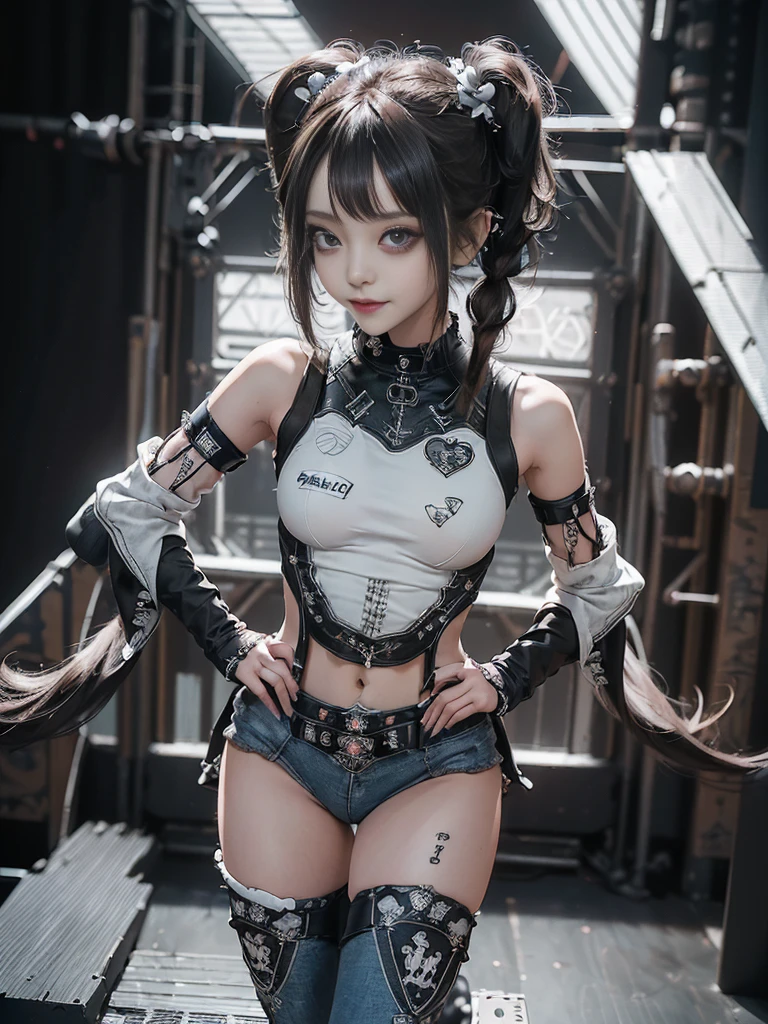 (Full body view:1.4)、(Full Body View:1.miling with teeth showing:1.3),(Shibuya Gal:1.5)、(Gothic Lolite fashion:1.5)、(Punk RockVisual Kei:1.5)、(Wearing a rhythmic gymnastics bodysuit with intricate details:1.4)、(Racing suit and pants with delicate decorations in white, denim and charcoal:1.5)、(Denim and light blue and white boots:1.3)、((belt))、(Numerous delicate logo marks all over the costume:1.4)、(collar:1.3)、(Stripedrwear:1.5)、20-year-old、NSFW、((Highest quality、In 8K、masterpiece:1.3))、Sharp focus:Layered Cut、Huge boobs:1.1),Beautiful with perfect figure:1.4、(Dancing vigorously:1.3)、Slender Abs:1.2、Highly iled face and skin texture、Detailed eyes、double eyelid,(Twin tails:1.3)、(Brown Hair:1.3)、Gravure idol、(The background is the stage of the fashion show:1.3)、(Slim Body:1.3),(Make your thinner:1.4),(clavicle:1.1)、(Thin and slim thighs:1.3)