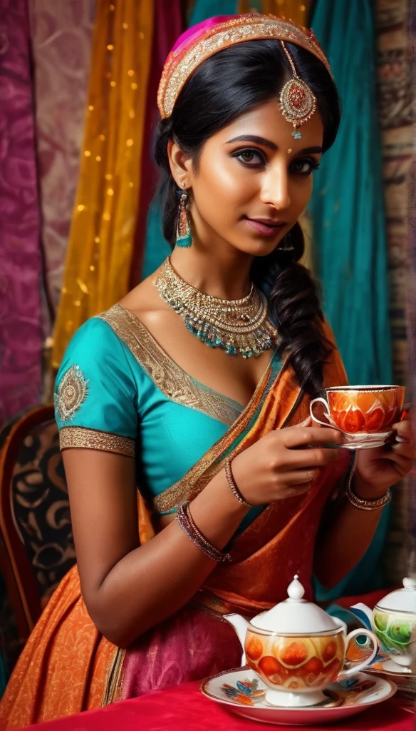 a portrait of indian maid with a cup of tea at a tea party, colorful party, realistic, beautiful, sexy