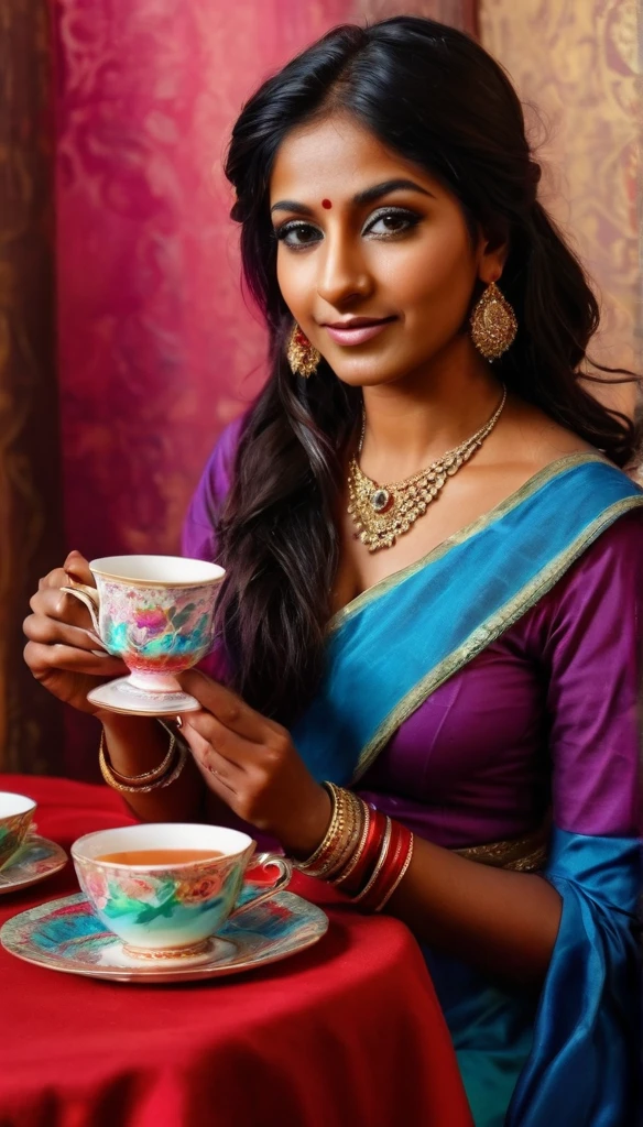 a portrait of indian maid with a cup of tea at a tea party, colorful party, realistic, beautiful, sexy