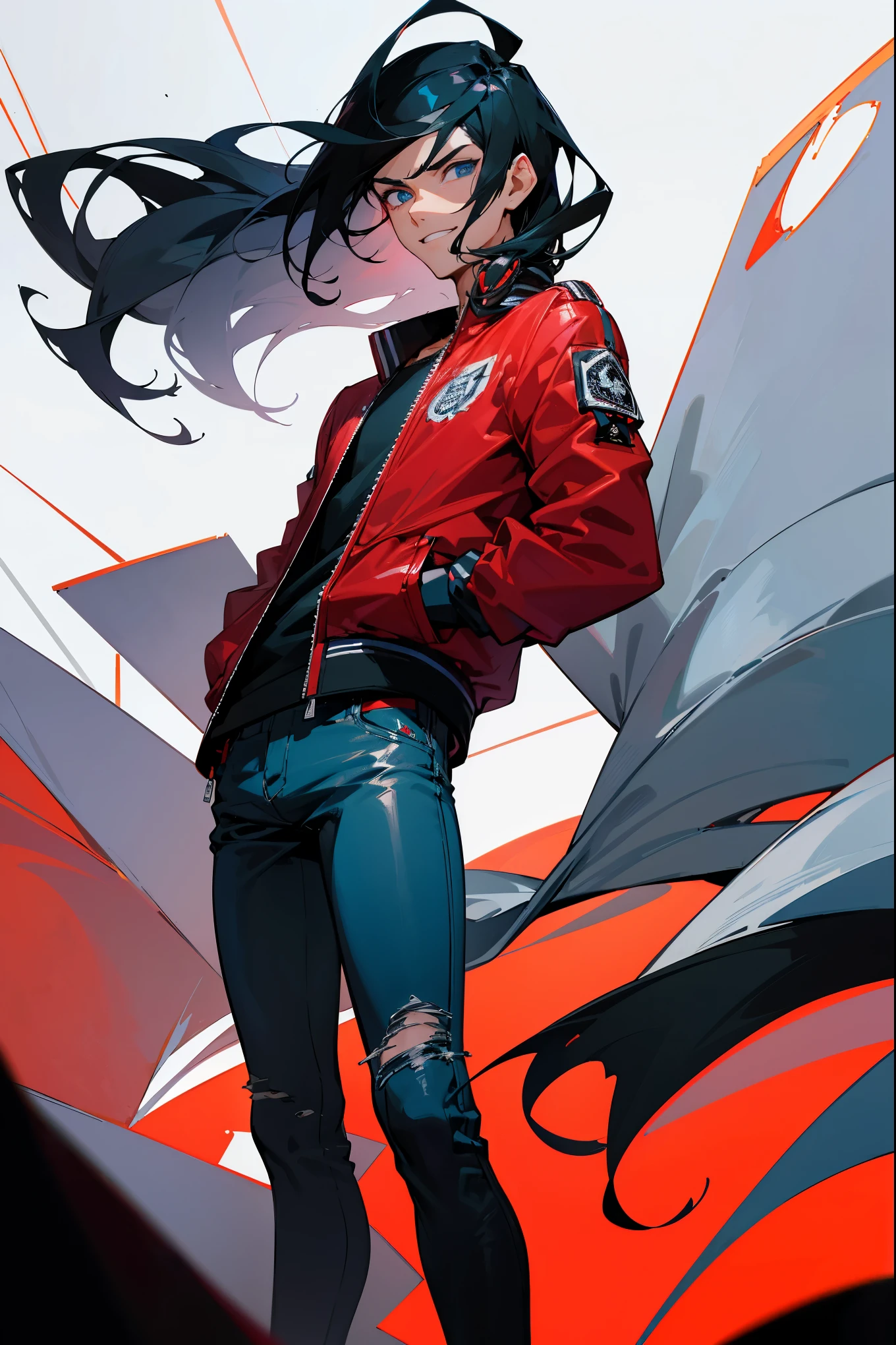 1male, jet black hair, tousled with a side part, sharp blue eyes, confident smirk, silver chain around his neck, red bomber jacket, white graphic tee, dark jeans, black sneakers, nighttime cityscape background with twinkling lights, detailed face, hands to side, standing on path