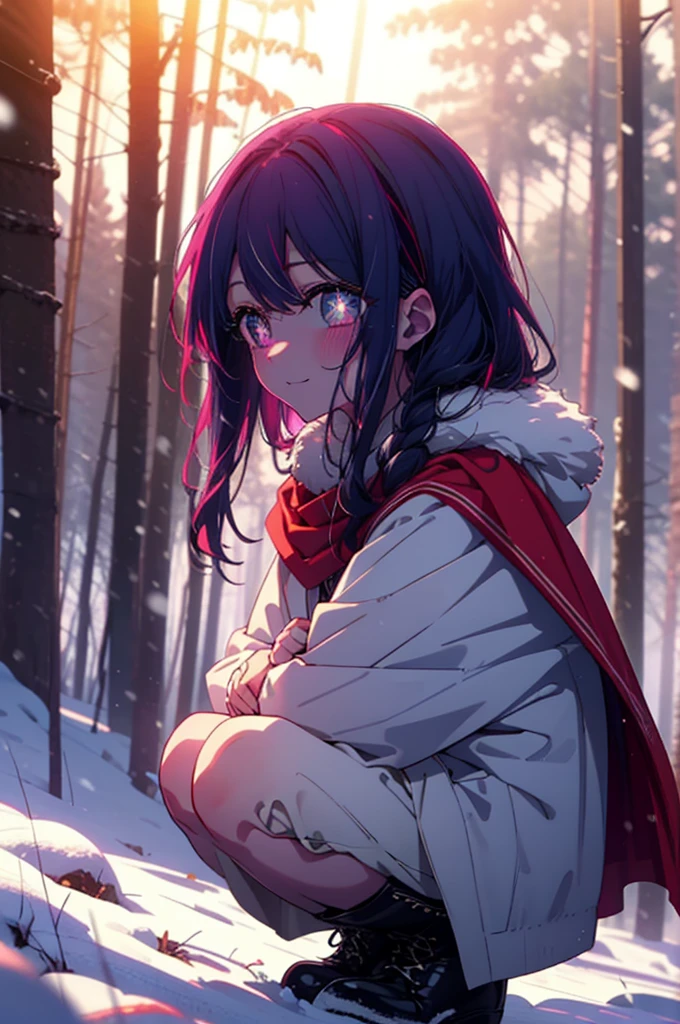 aihoshino, Ai Hoshino, Long Hair, bangs, (Purple eyes:1.1), Purple Hair, (Symbol-shaped pupil:1.5), smile,,smile,blush,white breath,
Open your mouth,snow,Ground bonfire, Outdoor, boots, snowing, From the side, wood, suitcase, Cape, Blurred, , forest, White handbag, nature,  Squat, Mouth closed, Cape, winter, Written boundary depth, Black shoes, red Cape break looking at viewer, Upper Body, whole body, break Outdoor, forest, nature, break (masterpiece:1.2), Highest quality, High resolution, unity 8k wallpaper, (shape:0.8), (Beautiful and beautiful eyes:1.6), Highly detailed face, Perfect lighting, Extremely detailed CG, (Perfect hands, Perfect Anatomy),