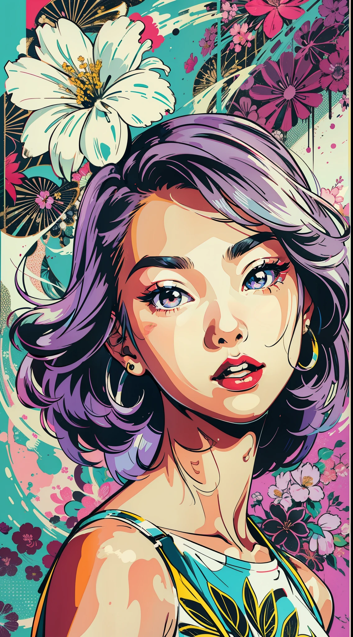 Create digital artwork in pop art style, Featuring a young Asian girl full of energy and confidence,Street Fashion, coloring scheme, Surrounded by vintage flower motifs, Vibrant brushstrokes,Emotions should be active, Upper Body, , illustration, Grayscale, tropical, Vintage fruit, Vintage plants, Lots of flowers, vector