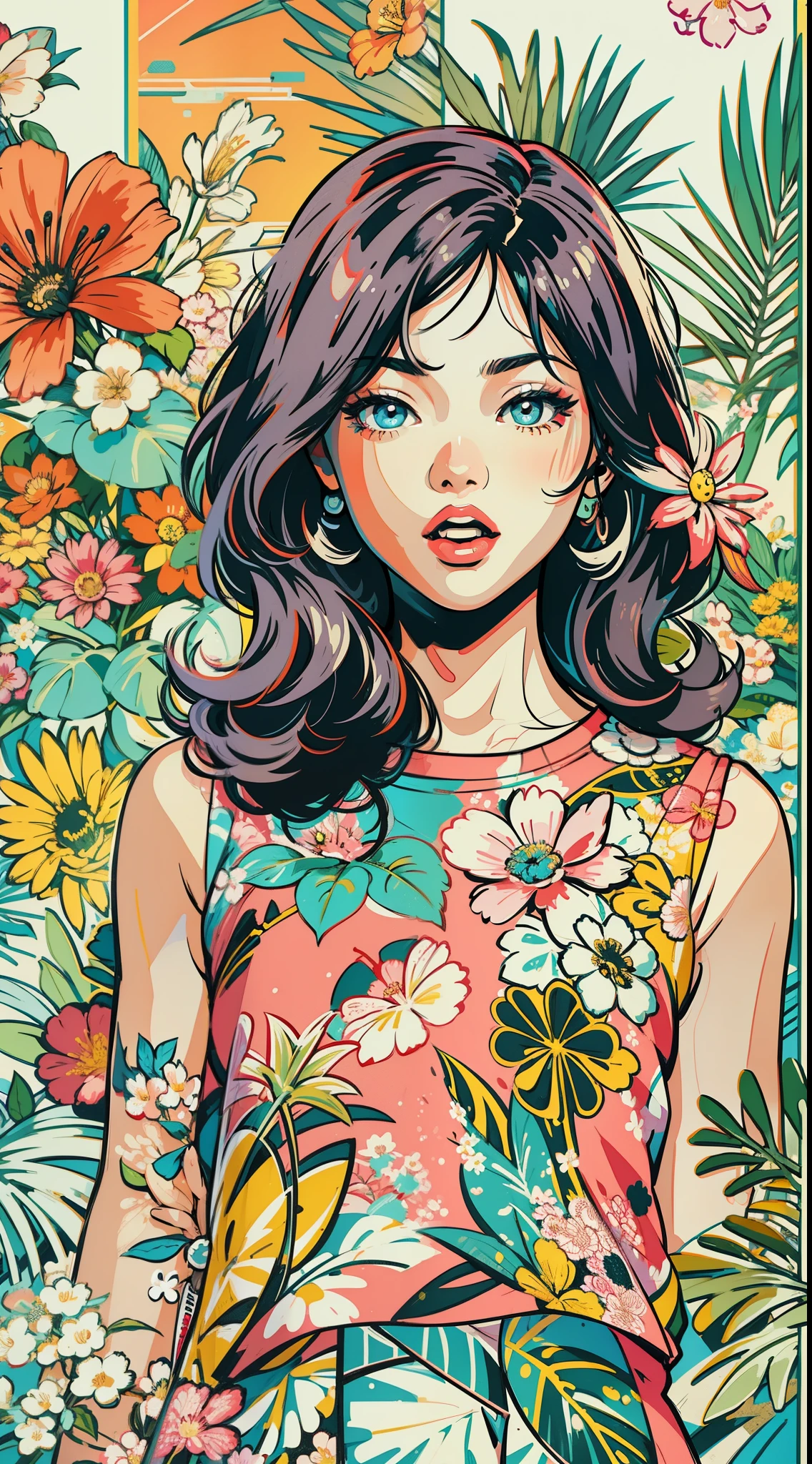 Create digital artwork in pop art style, Featuring a young Asian girl full of energy and confidence，Street Fashion, coloring scheme, Surrounded by vintage flower motifs, Vibrant brushstrokes,Emotions should be active, Upper Body, , illustration, Grayscale, tropical, Vintage fruit, Vintage plants, Lots of flowers, vector