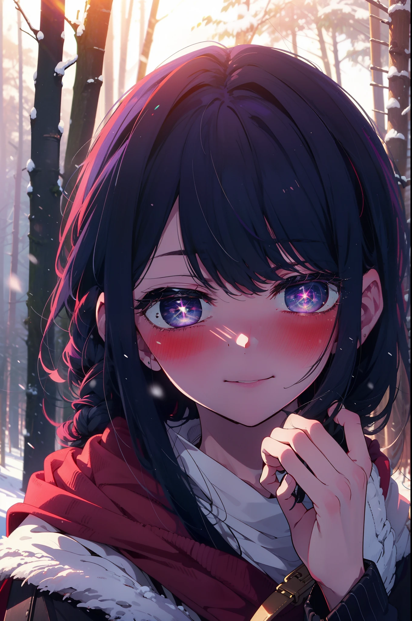 aihoshino, Ai Hoshino, Long Hair, bangs, (Purple eyes:1.1), Purple Hair, (Symbol-shaped pupil:1.5), smile,,smile,blush,white breath,
Open your mouth,snow,Ground bonfire, Outdoor, boots, snowing, From the side, wood, suitcase, Cape, Blurred, , forest, White handbag, nature, Squat, Mouth closed, Cape, winter, Written boundary depth, Black shoes, red Cape break looking at viewer, Upper Body, whole body, break Outdoor, forest, nature, break (masterpiece:1.2), Highest quality, High resolution, unity 8k wallpaper, (shape:0.8), (Beautiful and beautiful eyes:1.6), Highly detailed face, Perfect lighting, Extremely detailed CG, (Perfect hands, Perfect Anatomy),