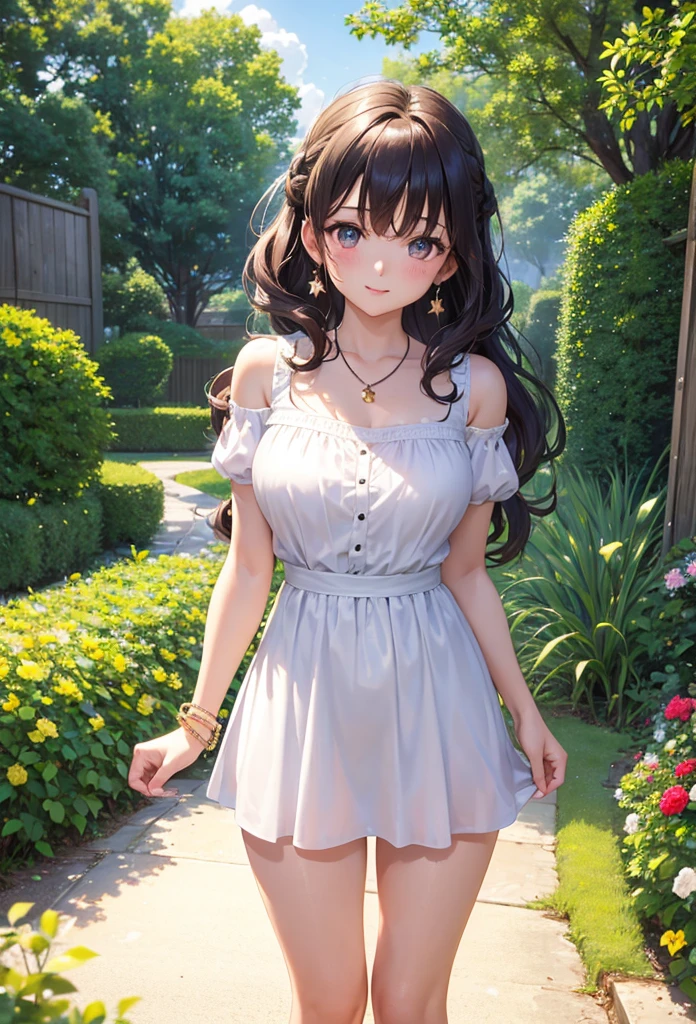 A beautiful girl walking in a garden while contemplating the flowers, anime girl, (20 year old girl:1.3), beautiful garden full of flowers and trees, blue sky with white clouds, butterflies around, cute elegant dress, short sleeves, shows shoulders, heels, jewelry, (earrings, necklace, bracelet), big round breasts, dark brown hair, french braid, long hair, ponytail, wavy hair, swept bangs, shiny hair, hairclip, hair ribbon, aqua eyes, glowing eyes, pupils sparkling, light smile, blush, happy, red lips, detailed face, slim waist, shapely legs, beautiful thighs, perfect body, princess dress, anime CG style, high definition, natural light, high detail, anime, dithering, from behind, three quarter view, image fill, perspective, Wide-Angle, f/1.8, 85mm, Sony FE GM, 8k, 8k wallpaper, super detail, highly detailed CG, UHD, retina, masterpiece, accurate, anatomically correct, textured skin, highres, best quality:1.3, 16k
