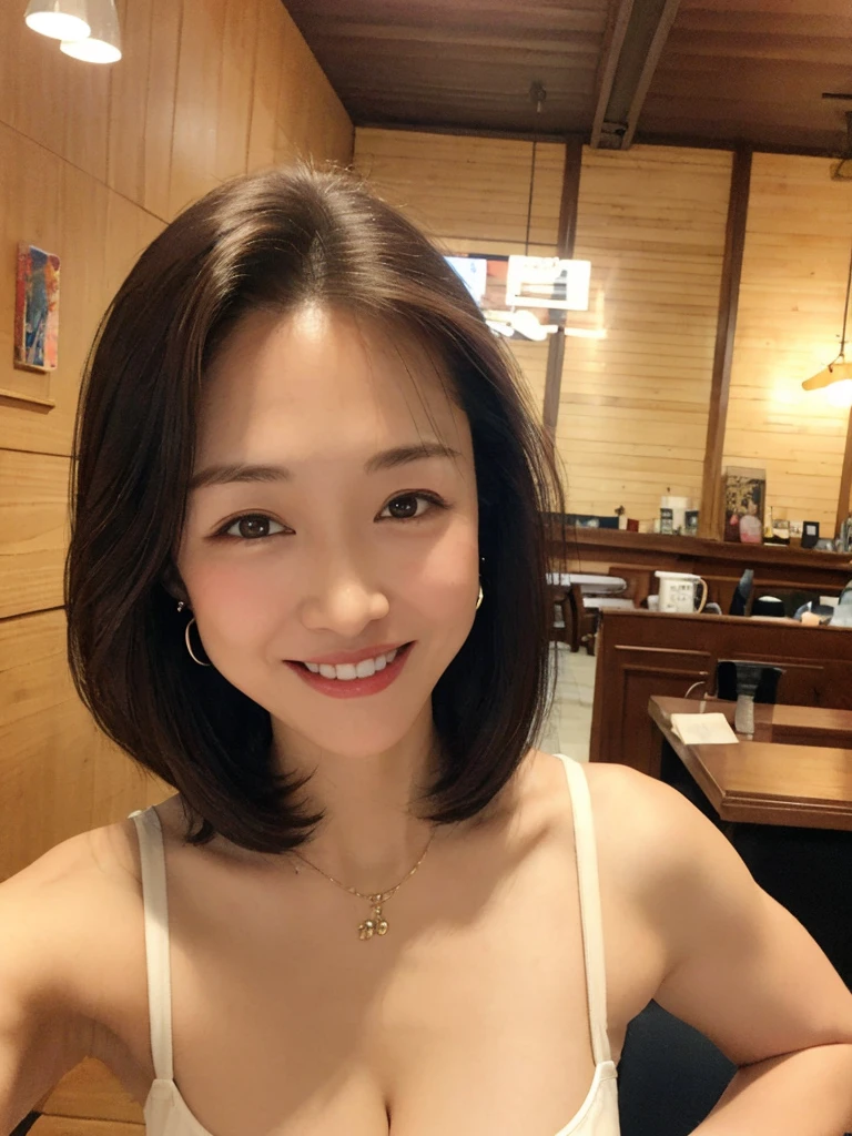 Osaka's aunt、Organic Photography、blur background, Highest quality、masterpiece、Ultra-high resolution、Looking at the audience、Smiling with teeth showing、Big Breasts、Wearing a plain short-sleeved blouse、Short Perm Hair、Earrings、A corner of a coffee shop,、Background Blur、You can see your cleavage in a slouching position