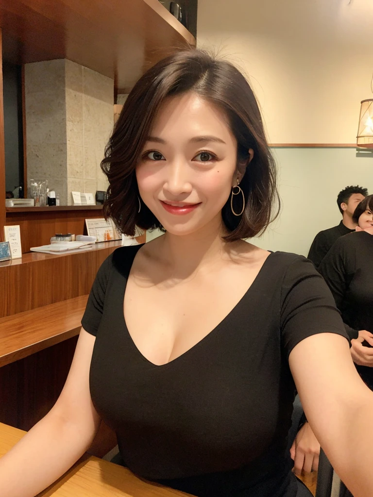 Osaka's aunt、Organic Photography、blur background, Highest quality、masterpiece、Ultra-high resolution、Looking at the audience、Smiling with teeth showing、Big Breasts、Wearing a plain short-sleeved blouse、Short Perm Hair、Earrings、A corner of a coffee shop,、Background Blur、You can see your cleavage in a slouching position