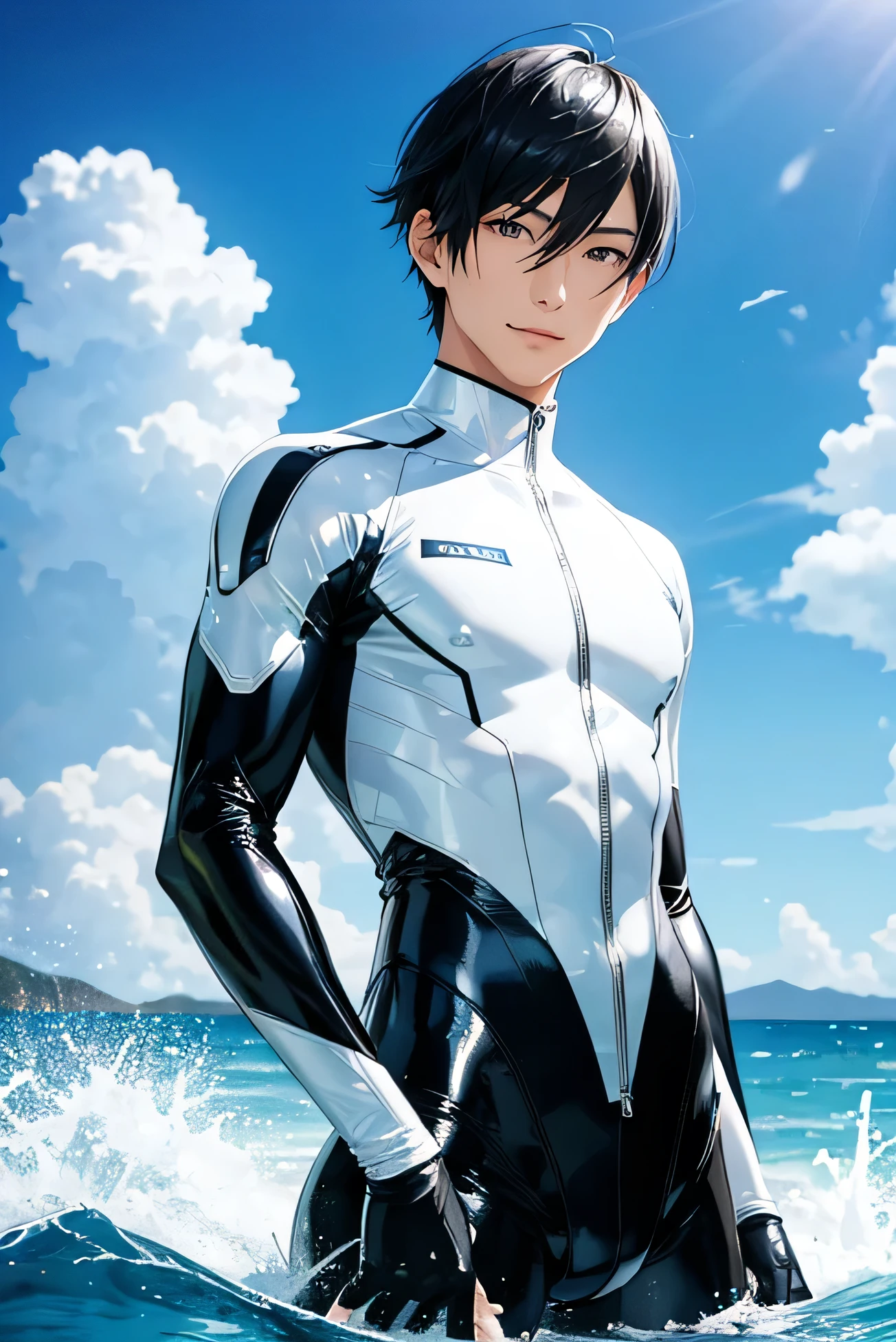 Handsome Japanese male models Black Hair Short cut Skinhead Slim figure smile looking at the camera soaked Ocean Shiny white and silver suit Shiny silver latex suit Compression Suit Bulge クローズup Bright blue sky up Dynamic pose Kick up