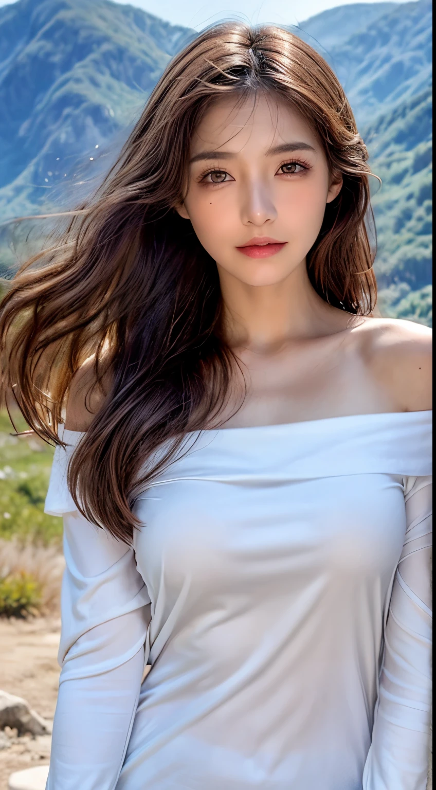 (( realistic light, best quality, 8ก, Masterpiece :1.3)), 1 girl, Small mole under the eye, smile, Close your eyes, small mole on breast, Beautiful woman with a slim figure :1.4, abdomen :1.1, Korea, Pale skin, (Wavy silky brown hair floats., I float with the wind, moderate_chest :1), (deep_rift), White off-the-shoulder shirt:1.2, Long sleeves wet in the wind, (Sweaty skin on the breast:1), stand, Night on the mountain, Campfire Light, Highly detailed face, Detailed eyes, Double eyelids, Shiny skin, cowboy shoot