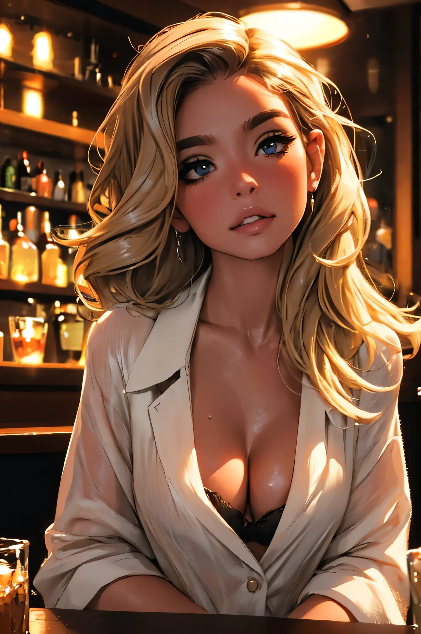 girl at a nightclub sitting at bar, eyeliner (masterpiece) (best quality) (detailed) (8k) (HDR) (wallpaper) (cinematic lighting) (sharp focus) (intricate) wavy blonde hair, biting lip, medium hair, slutty outfit, sexy, blush, aroused, cleavage, shiny , wet skin, girl, dark makeup, acting flirty, tucking hair behind ear