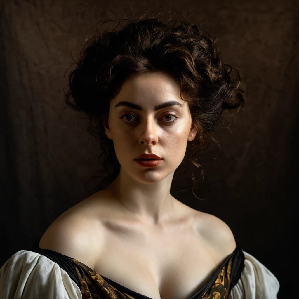 photo figura intera of a realistic woman in the style of Caravaggio, detailed skin