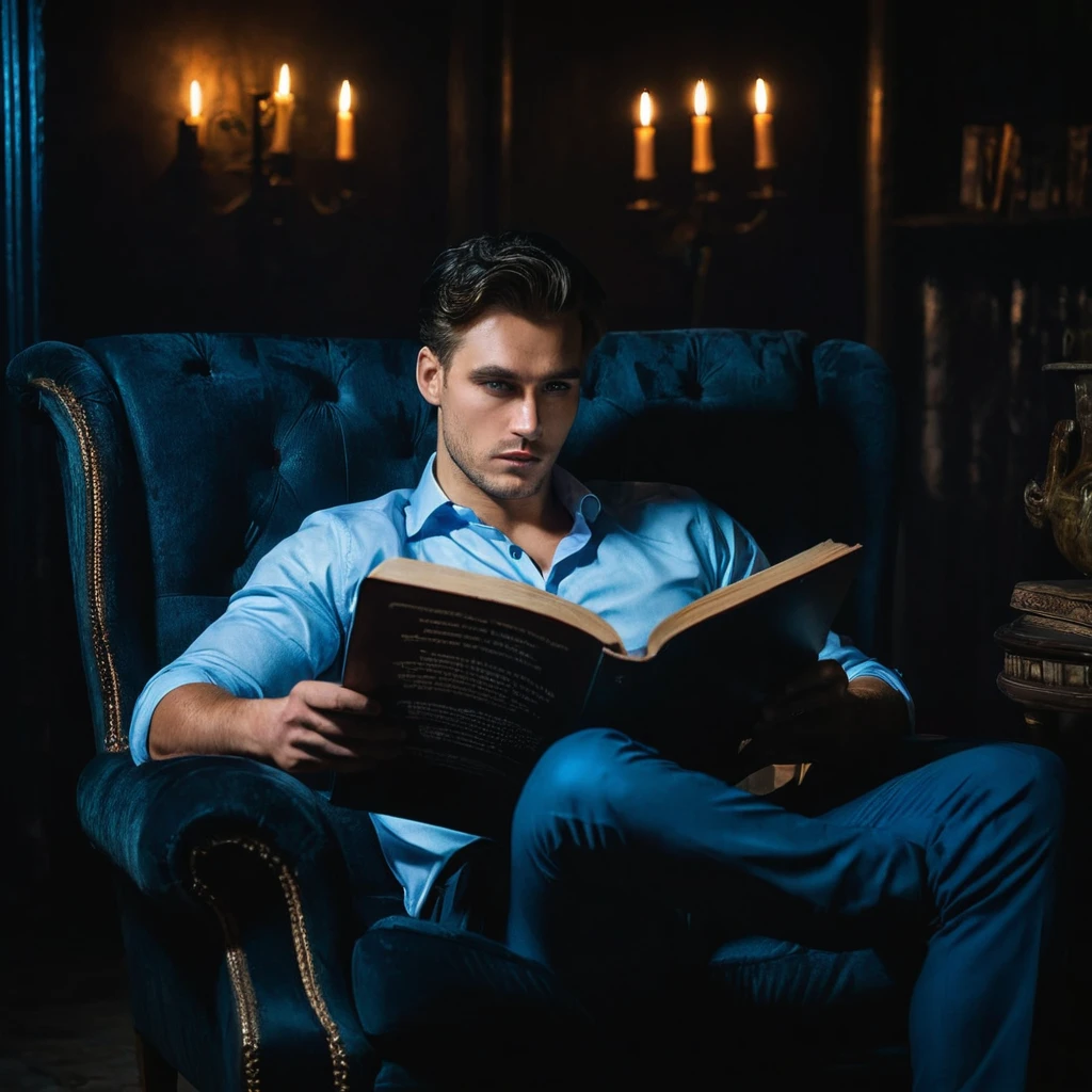 man, wearing suit and tie, blond hair, disturbing look, looking away, sitting on an armchair, with legs crossed, a dark hall in the background, darkness, dark, mystery, realism, high quality, masterpiece, soft light, 4k, 8k, hd, perfect background, perfect eyes, perfect hands, perfect anatomy