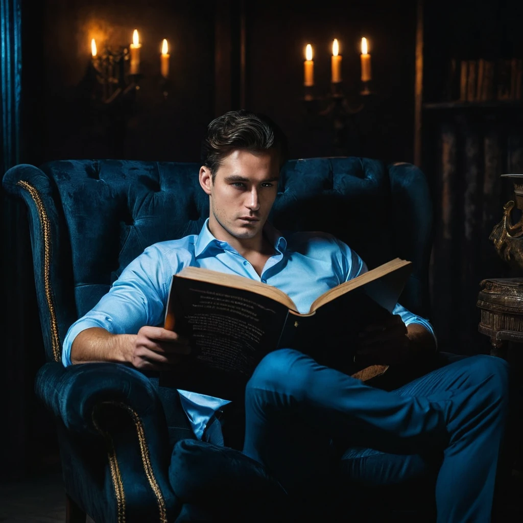 man, wearing suit and tie, blond hair, disturbing look, looking away, sitting on an armchair, with legs crossed, a dark hall in the background, darkness, dark, mystery, realism, high quality, masterpiece, soft light, 4k, 8k, hd, perfect background, perfect eyes, perfect hands, perfect anatomy