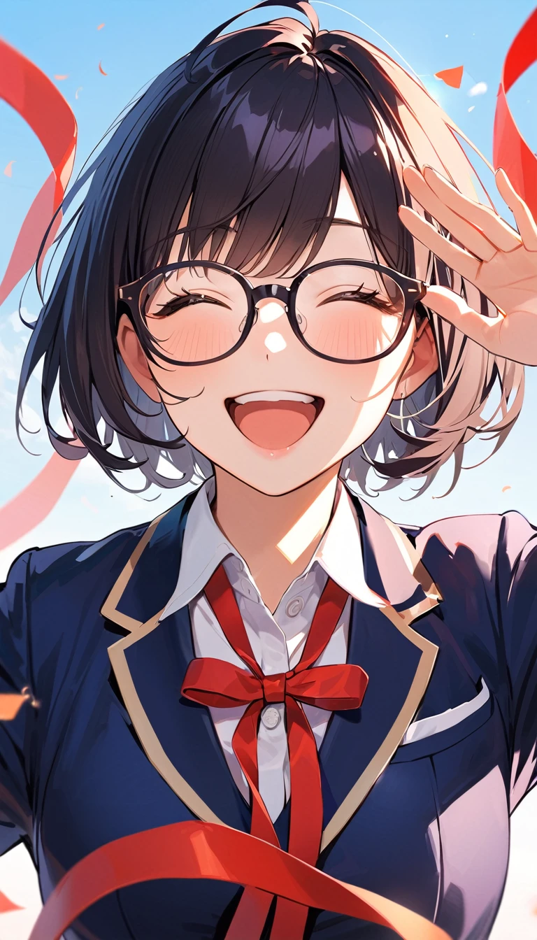 A high school girl with black short bob hair,Glasses, wearing a navy blazer ,Red ribbon,smile,happy