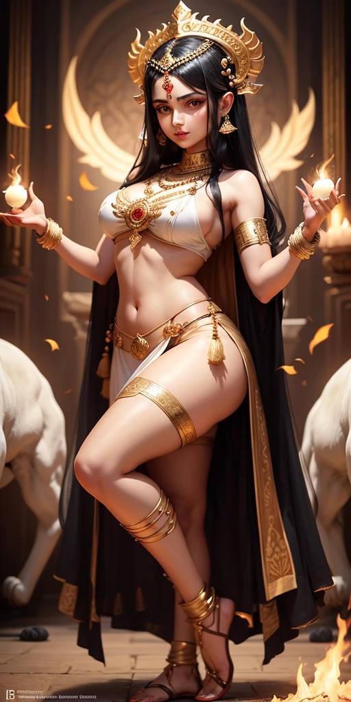 Sexy hindu female gods outfit white lang black hair holding trishul nearly lions
