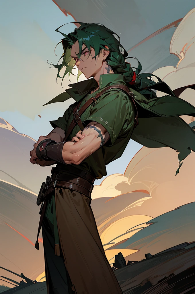 1male, dark green hair, shoulder-length and loosely braided, striking red eyes, stern expression, tattered medieval tunic, leather bracers, scar across his left cheek, weathered sword sheathed at his side, rugged mountainous terrain background with stormy skies, detailed face, hands to side, standing on path
