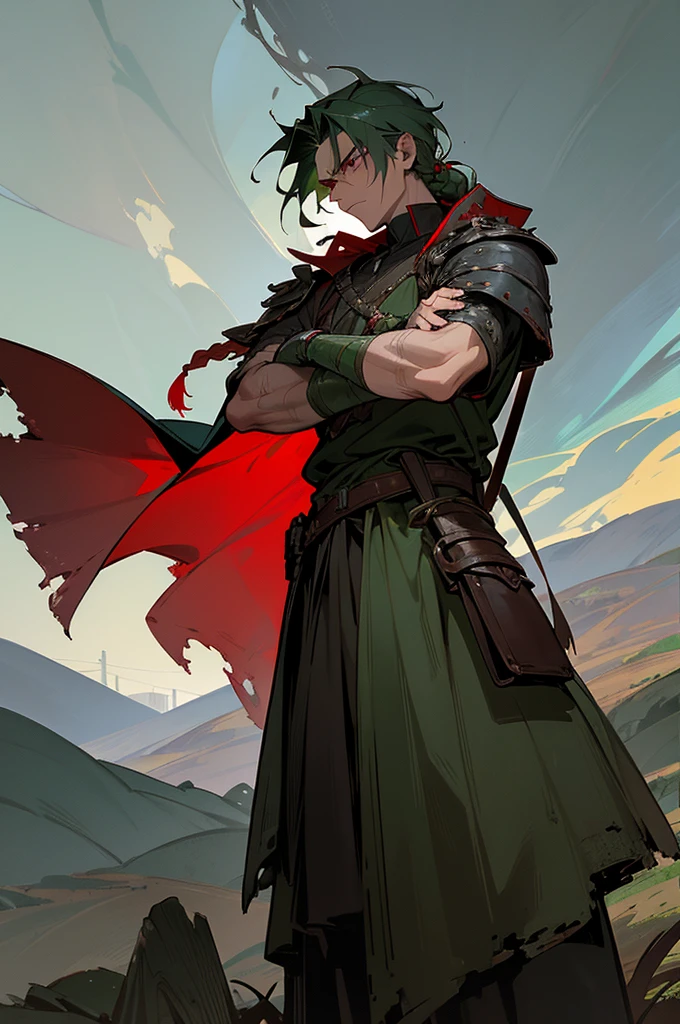 1male, dark green hair, shoulder-length and loosely braided, striking red eyes, stern expression, tattered medieval tunic, leather bracers, scar across his left cheek, weathered sword sheathed at his side, rugged mountainous terrain background with stormy skies, detailed face, hands to side, standing on path