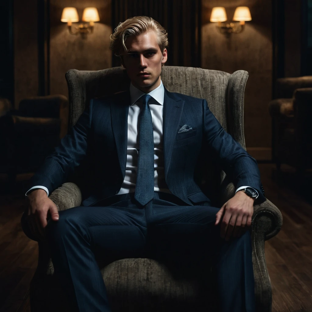 man, wearing suit and tie, blond hair, disturbing look, looking away, sitting on an armchair, with legs crossed, a dark hall in the background, darkness, dark, mystery, realism, high quality, masterpiece, soft light, 4k, 8k, hd, perfect background, perfect eyes, perfect hands, perfect anatomy