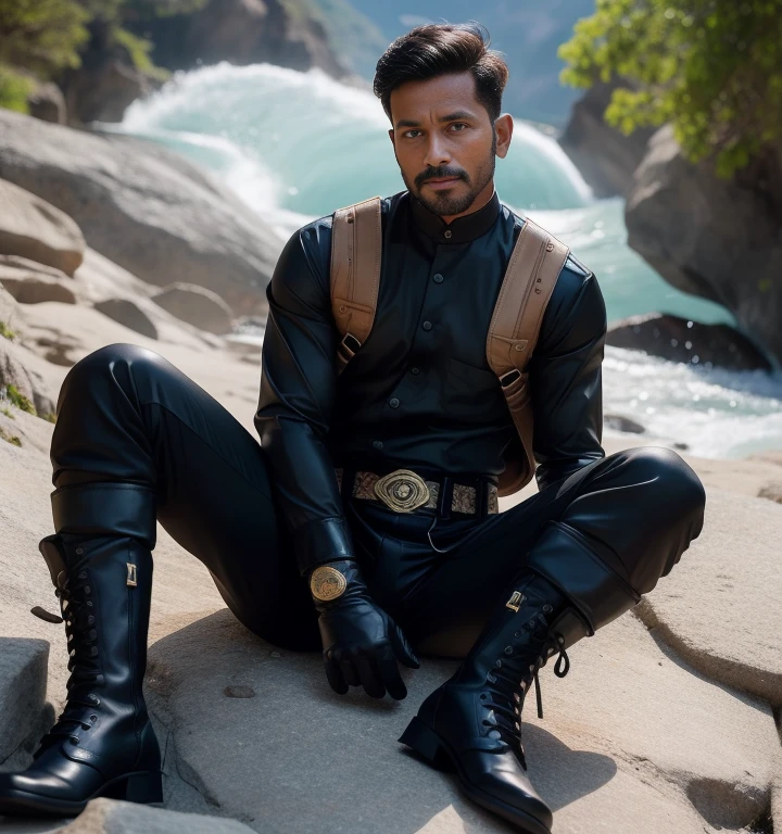 40 years old,One Man,Sri Lankan militants,Cliff in the mountains、Sit with your legs wide apart,logic,Gay ,Short Hair、Stubble,Handsome、Fighting spirit、The crotch area is bulging。Shocker Belt、Black boots、Black gloves