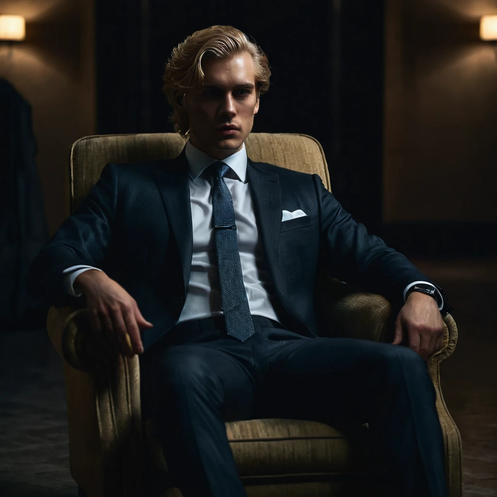 man, wearing suit and tie, blond hair, disturbing look, looking away, sitting on an armchair, with legs crossed, a dark hall in the background, darkness, dark, mystery, realism, high quality, masterpiece, soft light, 4k, 8k, hd, perfect background, perfect eyes, perfect hands, perfect anatomy