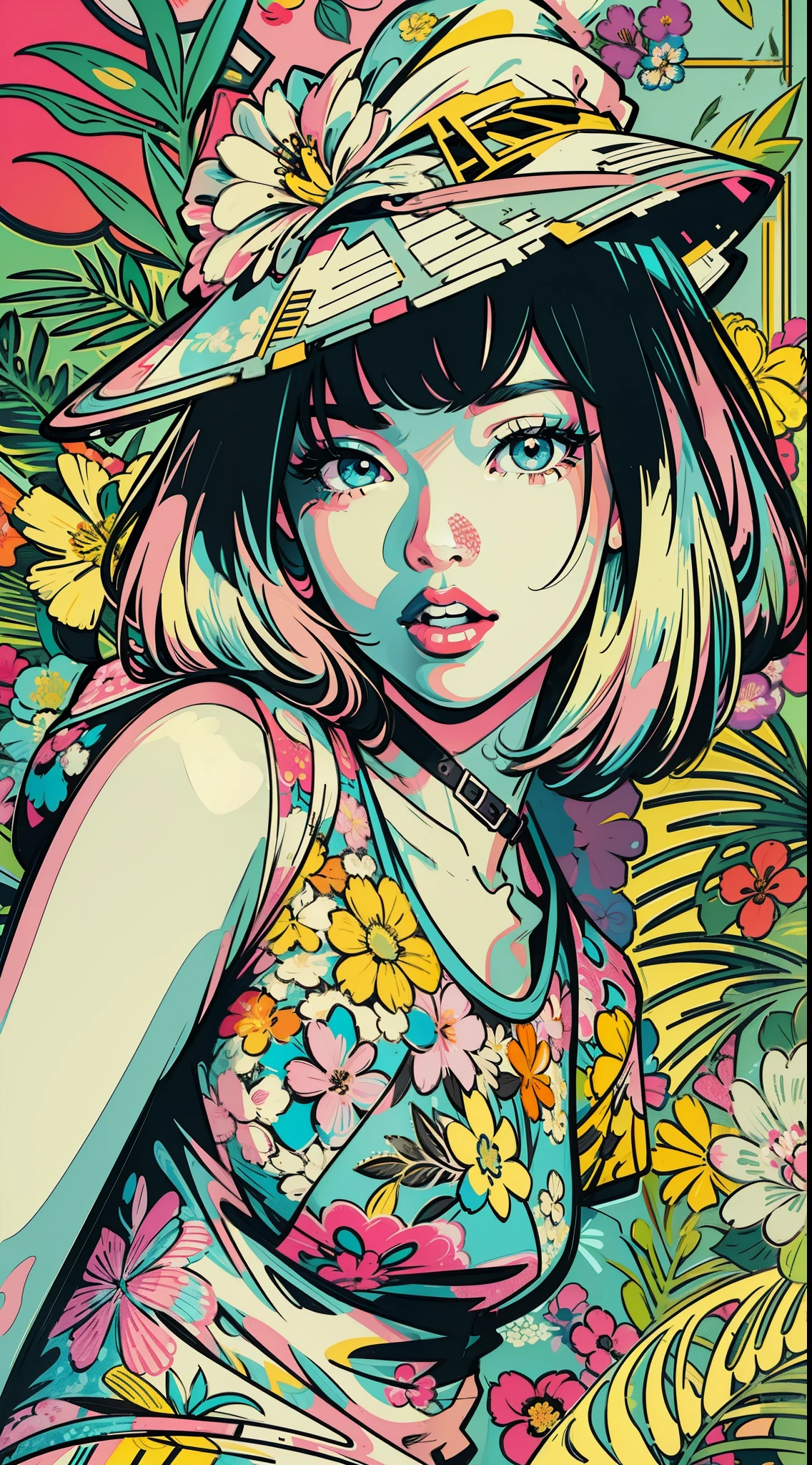 Create digital artwork in pop art style, Featuring a young Asian girl full of energy and confidence，Street Fashion, coloring scheme, Surrounded by vintage flower motifs, Vibrant brushstrokes,Emotions should be active, Upper Body, , illustration, Grayscale, tropical, Vintage fruit, Vintage plants, Lots of flowers, vector