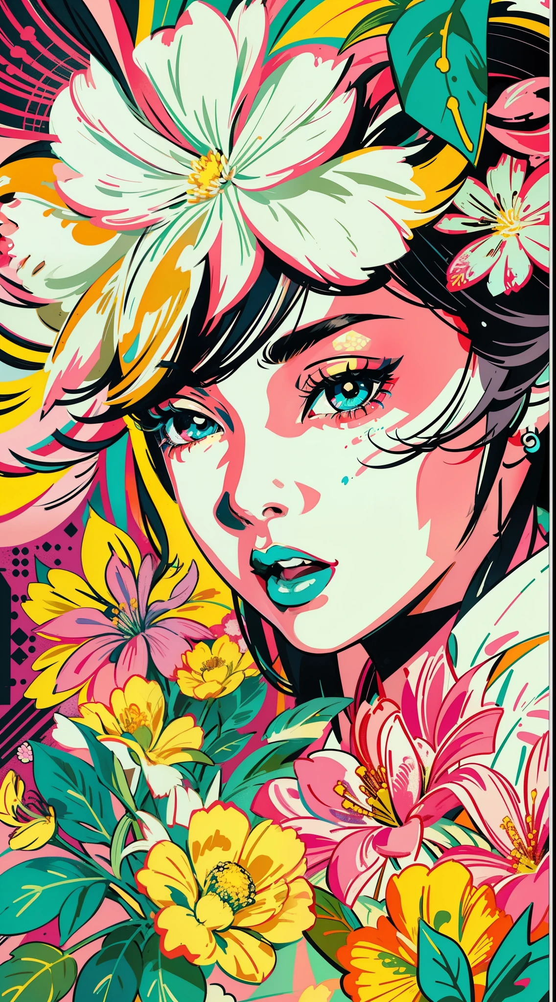 Create digital artwork in pop art style, Featuring a young Asian girl full of energy and confidence,Street Fashion, coloring scheme, Surrounded by vintage flower motifs, Vibrant brushstrokes,Emotions should be active, Upper Body, , illustration, Grayscale, tropical, Vintage fruit, Vintage plants, Lots of flowers, vector