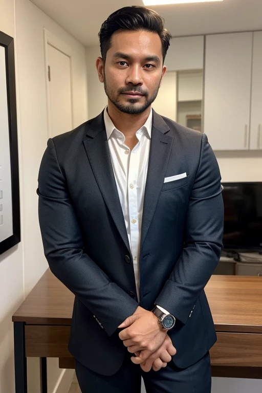 Create an image of a 38-year-old man with an effortlessly sophisticated and charismatic appearance. He is Indonesian. He should have a well-groomed, stylish look, featuring neatly styled hair and a confident posture. Dress him in elegant, business-casual attire, such as a tailored blazer over a crisp shirt, with a touch of refinement like a watch or cufflinks. His expression should convey a blend of warmth and authority. Include subtle hints of his caring nature, like a gentle smile, and show him in a setting that suggests his role as a supportive landlord and attentive single father, perhaps in an activity related to motivation, health, or lifestyle.