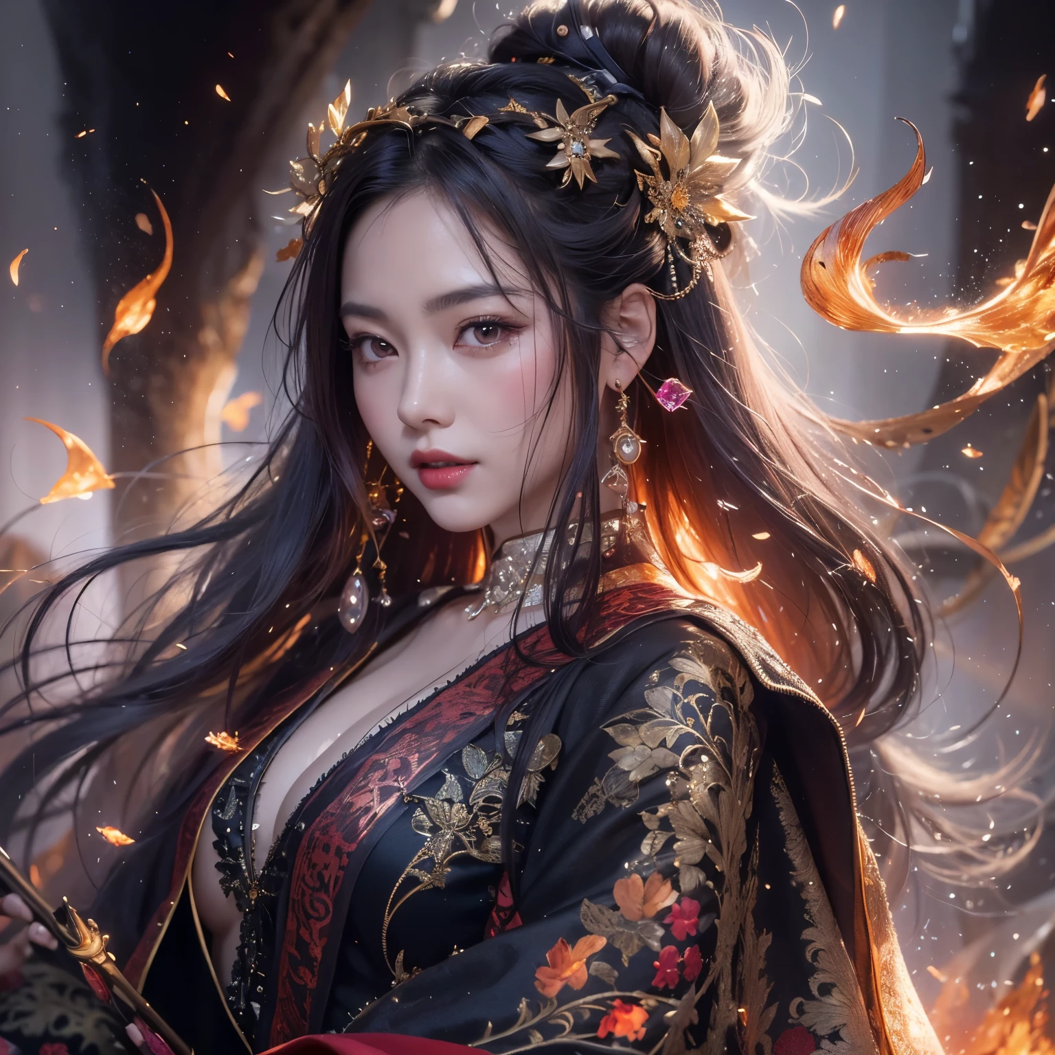 A woman with long hair and a black dress stands in front of the fire, flames surround her,she has fire powers, epic fantasy digital art style, Dreamy and gorgeous lights, Digital fantasy art, Digital 2D Fantasy Art,ancient chinese fantasy,Forty-five degree angle view,sheer transparency,Woman holding sword in hand,There is a totem on the sword,cold steel sword,Panorama ultra-wide angle,Woman smiling charmingly,The texture of the real person is delicate,strong visual impact,hyper-detailing,Delicate face girl,pretty eyes,Eyes purple with starlight,Big eyes,long eyelasher,hair floating in the air,Ancient Chinese long hair hairstyle,Redlip, Cherry version,crystal-clear,Good sense of perspective,Surface reflected light,flowing dark hair,The is very detailed,Delicate,surrealism painting,Black flame entanglement,The flame of ink feeling,Close-up of the picture,closeup of face,China 1 girl,Rouge skin,Glowing skin,delicated face,black color hair,Put on a fantasy and gorgeous black robe,Off-the-shoulder ancient Chinese robe,Ancient Chinese long dress,Big breasts are beautiful,delicate body,looks into camera,45 degree angle portrait close-up,Half-length portrait,Close-up of people,Close-up of upper body hea background,Background Black,background whites,Background black white ink feeling,Delicate lubrication,high light,Plain background,Splashed ink background。