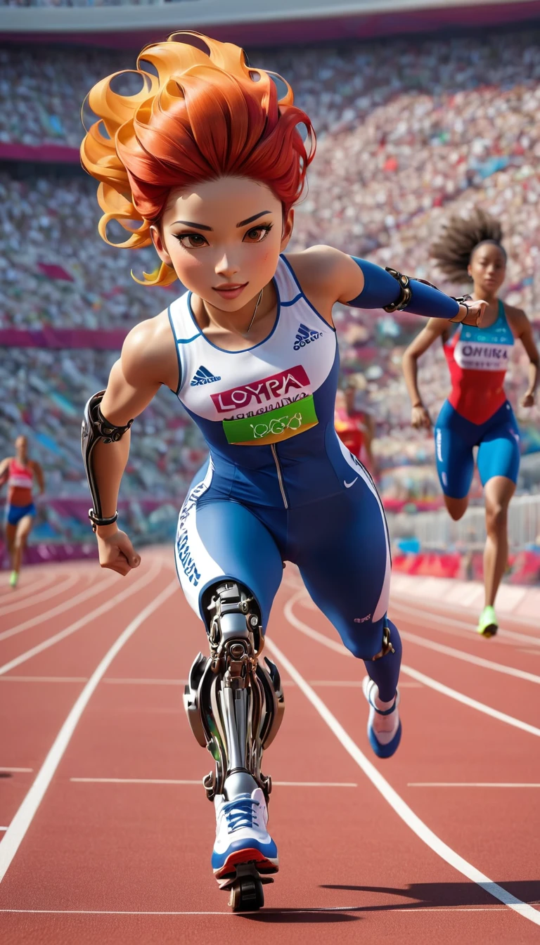 a  sports shot of a para Olympic game participant runner, (one of her legs) is mechanical prosthetic leg, a woman sports athlete, ((full body shot: 1.5)), ((anatomically correct: 1.5)) (ultra detailed face: 1.2), dynamic hair style, dynamic hair color, dynamic skin complexion, wearing track suit, sports shoes, running in the Olympics, she has (one mechanical leg), vibrant, Ultra-high resolution, High Contrast, (masterpiece:1.5), highest quality, Best aesthetics), best details, best quality, highres, 16k, [ultra detailed], masterpiece, best quality, (extremely detailed) RAW, photograph Cinematic Hollywood Film