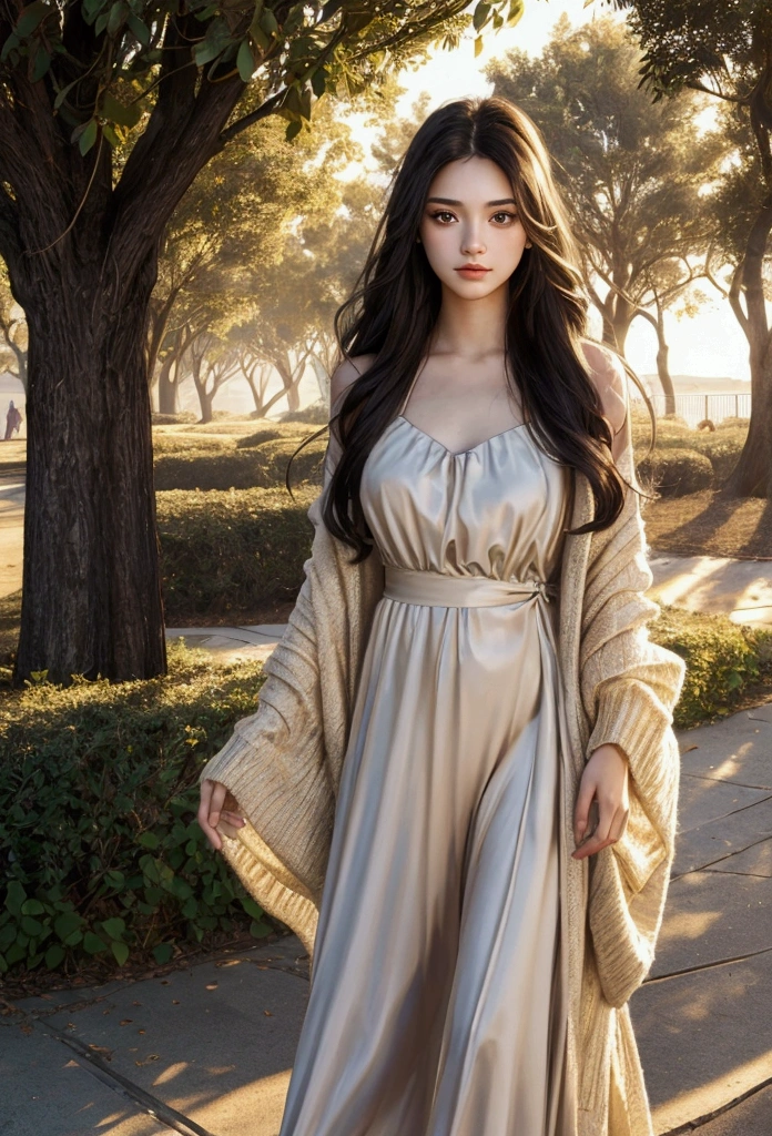 A photorealistic portrait of a 21-year-old litano girl with long, flowing dark hair and striking dark eyes. She should have a natural, approachable expression and be illuminated by soft, golden-hour sunlight. The background should be a scenic outdoor setting, perhaps a sunlit park or beach. Capture this image with a high-resolution photograph using an 85mm lens for a flattering perspective.
