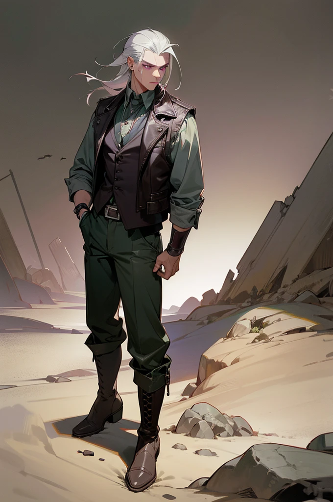 1male, charcoal gray hair, slicked back, piercing violet eyes, intense expression, rugged leather vest with metal accents, dark green trousers, a silver pendant around his neck, simple but sturdy leather boots, desolate wasteland background with cracked earth and a setting sun, detailed face, hands to side, standing on path