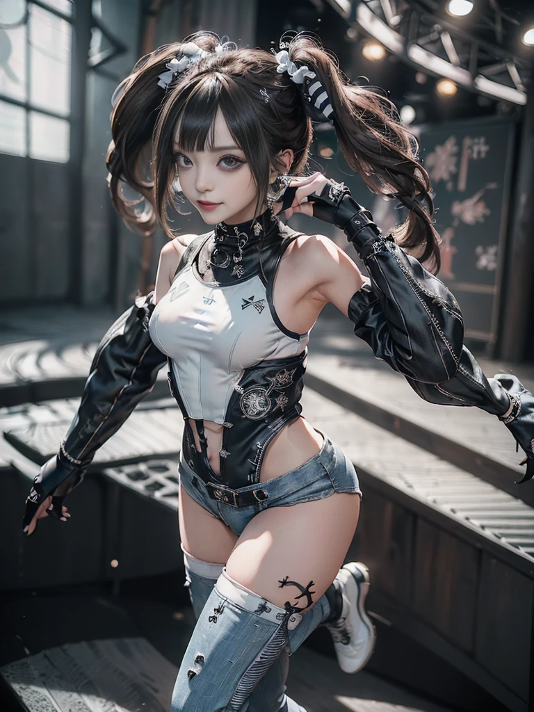 (Full body view:1.4)、(Full Body View:1.3)、(Smiling with teeth showing:1.3),(Shibuya Gal:1.5)、(Gothic Lolita style fashion:1.5)、(Punk RockVisual Kei:1.5)、(Wearing a rhythmic gymnastics bodysuit with intricate details:1.4)、(Racing suit and pants with delicate decorations in white, denim and charcoal:1.5)、(Denim and light blue and white boots:1.3)、((belt))、(Numerous delicate logo marks all over the costume:1.4)、(collar:1.3)、(Striped underwear:1.5)、20-year-old、NSFW、((Highest quality、In 8K、masterpiece:1.3))、Sharp focus:1.2、(Layered Cut、Huge boobs:1.1),Beautiful woman with perfect figure:1.4、(Dancing vigorously:1.3)、Slender Abs:1.2、Highly detailed face and skin texture、Detailed eyes、double eyelid,(Twin tails:1.3)、(Brown Hair:1.3)、Gravure idol、(The background is the stage of the fashion show:1.3)、(Slim Body:1.3),(Make your legs thinner:1.4),(clavicle:1.1)、(Thin and slim thighs:1.3)