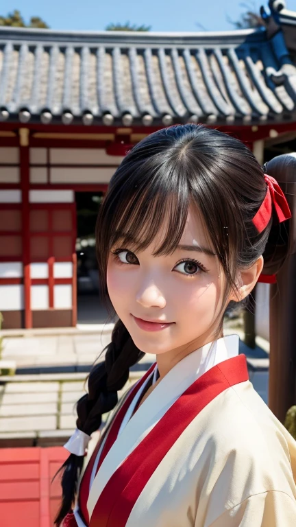 Beautiful young woman. had black eyes、She has smooth black hair that reaches down to her shoulders.. hair is in a ponytail, Tie the top with a small red ribbon. She has a kind expression and a warm smile.. Make your eyes and expressions cool. drooping eyes. She is wearing a traditional Japanese kimono featuring a red and white color scheme.. Small breasts. The background image is a Japanese landscape with a shrine.. new year.new year. The background image is a Japanese landscape with a shrine.