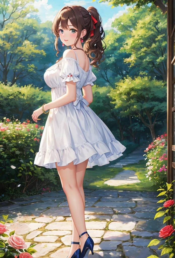 A beautiful girl walking in a garden while contemplating the flowers, anime girl, (20 year old girl:1.3), beautiful garden full of flowers and trees, blue sky with white clouds, butterflies around, cute elegant dress, short sleeves, shows shoulders, heels, jewelry, (earrings, necklace, bracelet), big round breasts, dark brown hair, french braid, long hair, ponytail, wavy hair, swept bangs, shiny hair, hairclip, hair ribbon, aqua eyes, glowing eyes, pupils sparkling, light smile, blush, happy, red lips, detailed face, slim waist, shapely legs, beautiful thighs, perfect body, princess dress, anime CG style, high definition, natural light, high detail, anime, dithering, from behind, three quarter view, image fill, perspective, Wide-Angle, f/1.8, 85mm, Sony FE GM, 8k, 8k wallpaper, super detail, highly detailed CG, UHD, retina, masterpiece, accurate, anatomically correct, textured skin, highres, best quality:1.3, 16k