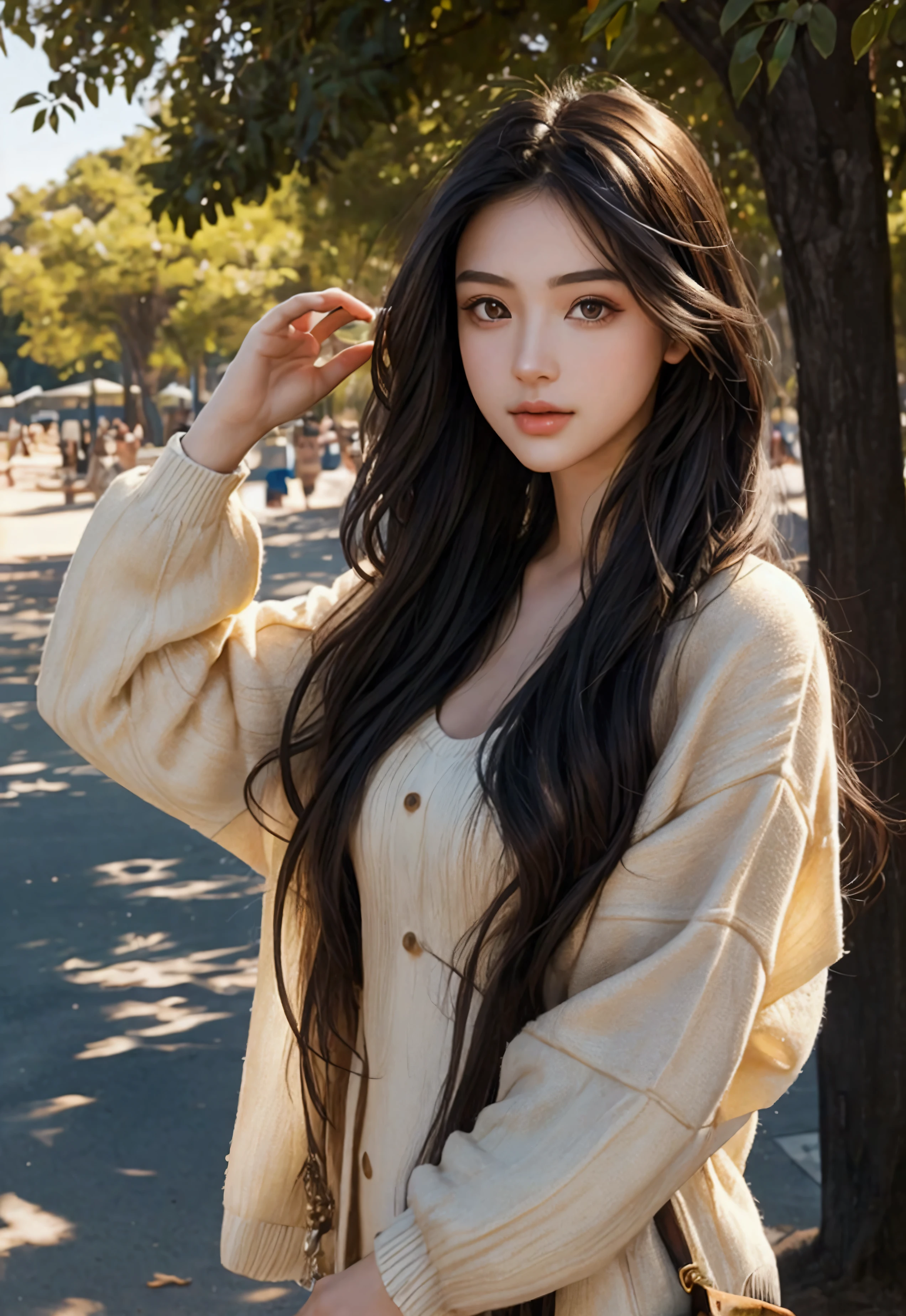 A photorealistic portrait of a 21-year-old litano girl with long, flowing dark hair and striking dark eyes. She should have a natural, approachable expression and be illuminated by soft, golden-hour sunlight. The background should be a scenic outdoor setting, perhaps a sunlit park or beach. Capture this image with a high-resolution photograph using an 85mm lens for a flattering perspective.