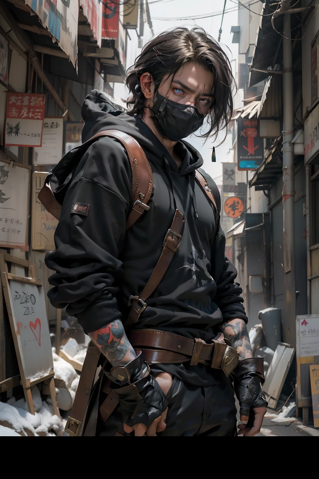 Robin hood movie character, 1man(waering black hoody suite and masker), male focus, solo, glowing, red eyes, ninja, archer weapon, glowing eyes, holding, looking at viewer, fingerless gloves.