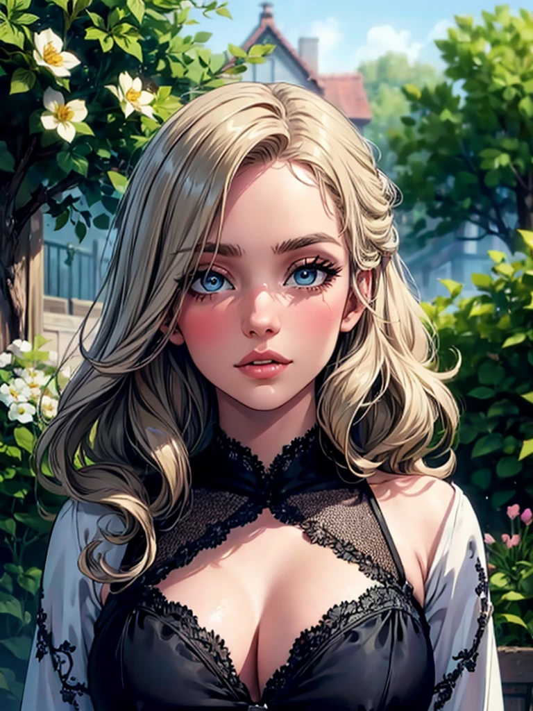 best quality,8k,highres,masterpiece:1.2,ultra-detailed,realistic,beautiful detailed eyes,beautiful detailed lips,extremely detailed eyes and face,long eyelashes,feminine features,fair complexion,relaxed expression,elegant posture,soft natural light,serene garden setting,blossoming flowers,colorful butterflies,dappled sunlight,flowing hair,floaty dress,graceful movement,harmonious colors,subtle color palette,artistic composition,impressionist style,romantic atmosphere,blurred background
 sultry look, seductive,
