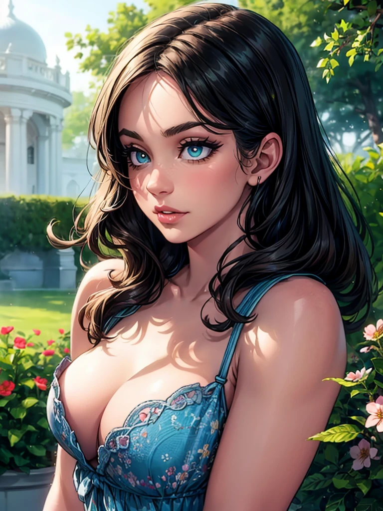 best quality,8k,highres,masterpiece:1.2,ultra-detailed,realistic,beautiful detailed eyes,beautiful detailed lips,extremely detailed eyes and face,long eyelashes,feminine features,fair complexion,relaxed expression,elegant posture,soft natural light,serene garden setting,blossoming flowers,colorful butterflies,dappled sunlight,flowing hair,floaty dress,graceful movement,harmonious colors,subtle color palette,artistic composition,impressionist style,romantic atmosphere,blurred background
 sultry look, seductive,
