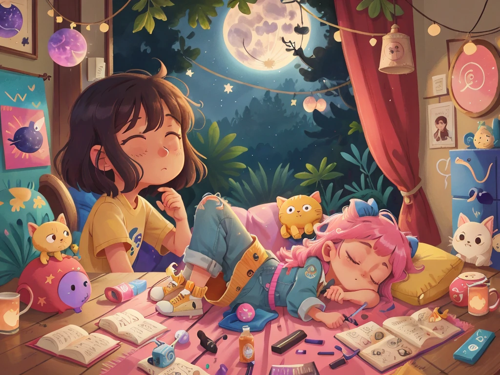 Luna drifting off to sleep in her room, knowing that the night sky is filled with friends, magic, and endless possibilities, blue, pink, pastel yellow, bright theme, HD, 4K