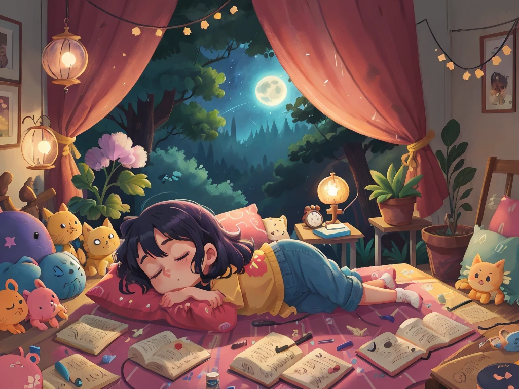 Luna drifting off to sleep in her room, knowing that the night sky is filled with friends, magic, and endless possibilities, blue, pink, pastel yellow, bright theme, HD, 4K