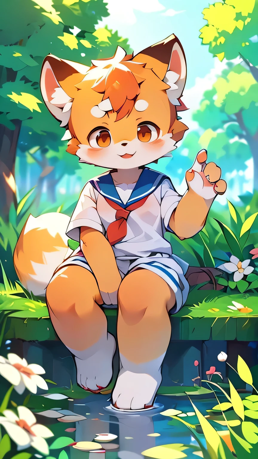 Red Panda Girl,Characteristics of the Sailor Suit,super high quality,Very detailed,High resolution,Cute art style in anime,Rice field scenery,(Cheerful teenager,13 years old:1.3),alone,single,Cute face female