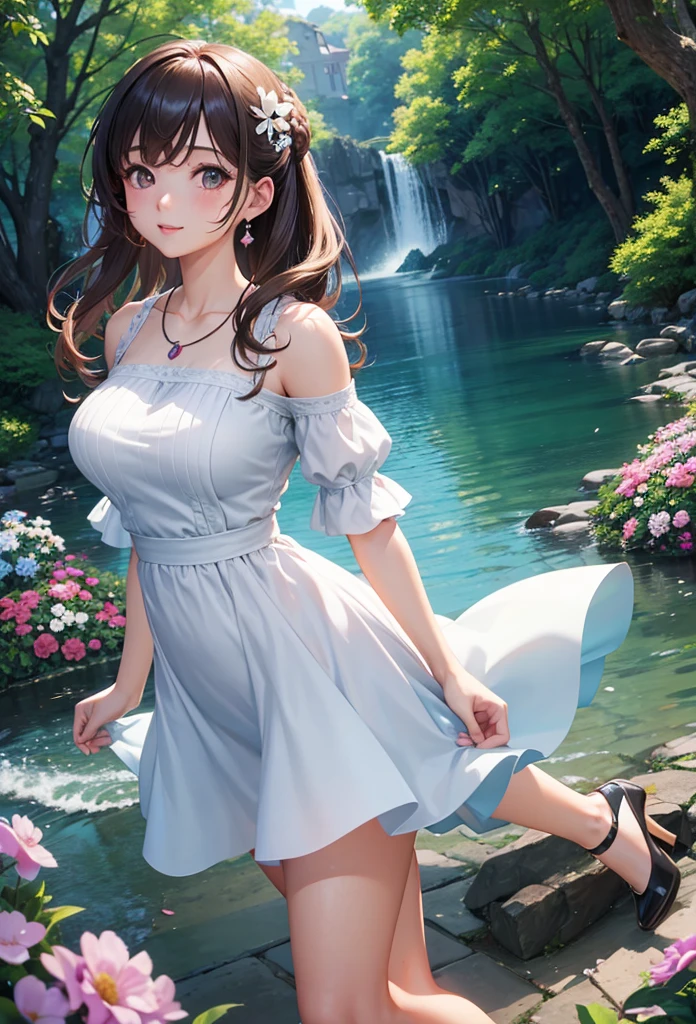 A beautiful girl walking in a garden while contemplating the flowers, anime girl, (20 year old girl:1.3), beautiful garden full of flowers and trees, blue sky with white clouds, butterflies around, cute elegant dress, short sleeves, shows shoulders, heels, jewelry, (earrings, necklace, bracelet), big round breasts, dark brown hair, french braid, long hair, ponytail, wavy hair, swept bangs, shiny hair, hairclip, hair ribbon, aqua eyes, glowing eyes, pupils sparkling, light smile, blush, happy, red lips, detailed face, slim waist, shapely legs, beautiful thighs, perfect body, princess dress, anime CG style, high definition, natural light, high detail, anime, dithering, from behind, three quarter view, image fill, perspective, Wide-Angle, f/1.8, 85mm, Sony FE GM, 8k, 8k wallpaper, super detail, highly detailed CG, UHD, retina, masterpiece, accurate, anatomically correct, textured skin, highres, best quality:1.3, 16k