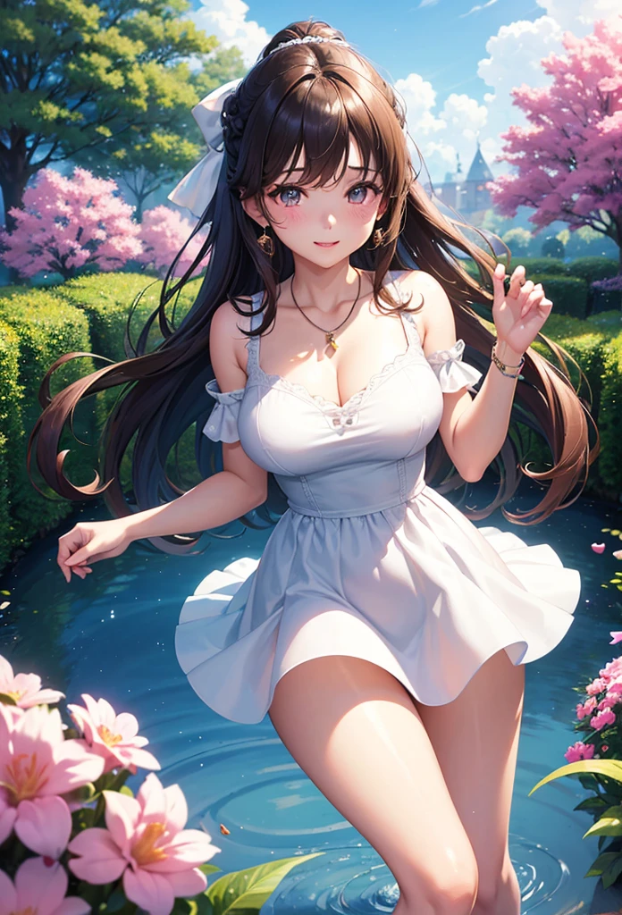 A beautiful girl walking in a garden while contemplating the flowers, anime girl, (20 year old girl:1.3), beautiful garden full of flowers and trees, blue sky with white clouds, butterflies around, cute elegant dress, short sleeves, shows shoulders, heels, jewelry, (earrings, necklace, bracelet), big round breasts, dark brown hair, french braid, long hair, ponytail, wavy hair, swept bangs, shiny hair, hairclip, hair ribbon, aqua eyes, glowing eyes, pupils sparkling, light smile, blush, happy, red lips, detailed face, slim waist, shapely legs, beautiful thighs, perfect body, princess dress, anime CG style, high definition, natural light, high detail, anime, dithering, from behind, three quarter view, image fill, perspective, Wide-Angle, f/1.8, 85mm, Sony FE GM, 8k, 8k wallpaper, super detail, highly detailed CG, UHD, retina, masterpiece, accurate, anatomically correct, textured skin, highres, best quality:1.3, 16k