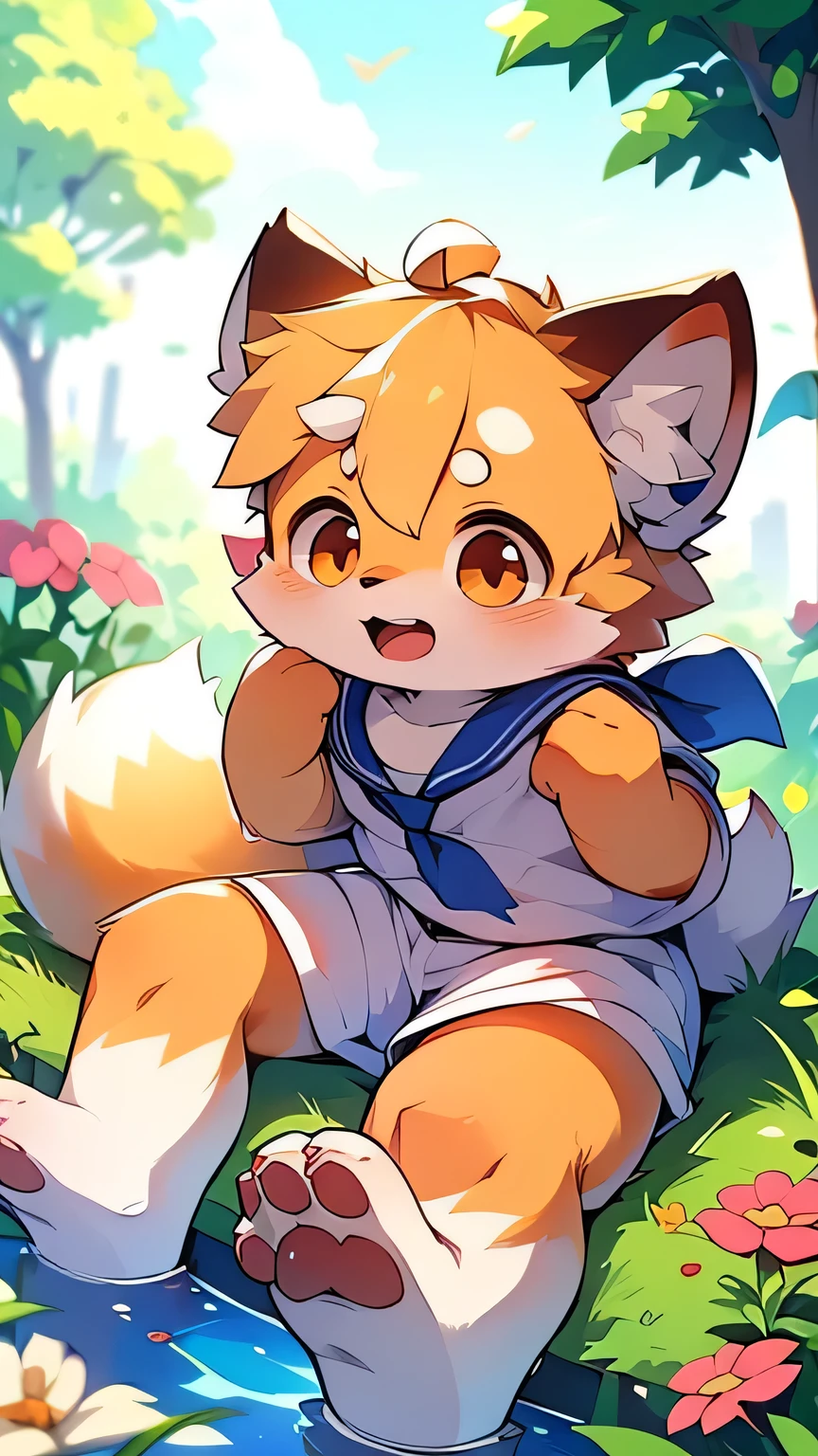 Red Panda Girl,Characteristics of the Sailor Suit,super high quality,Very detailed,High resolution,Cute art style in anime,Rice field scenery,(Cheerful teenager,13 years old:1.3),alone,single,Cute face female
